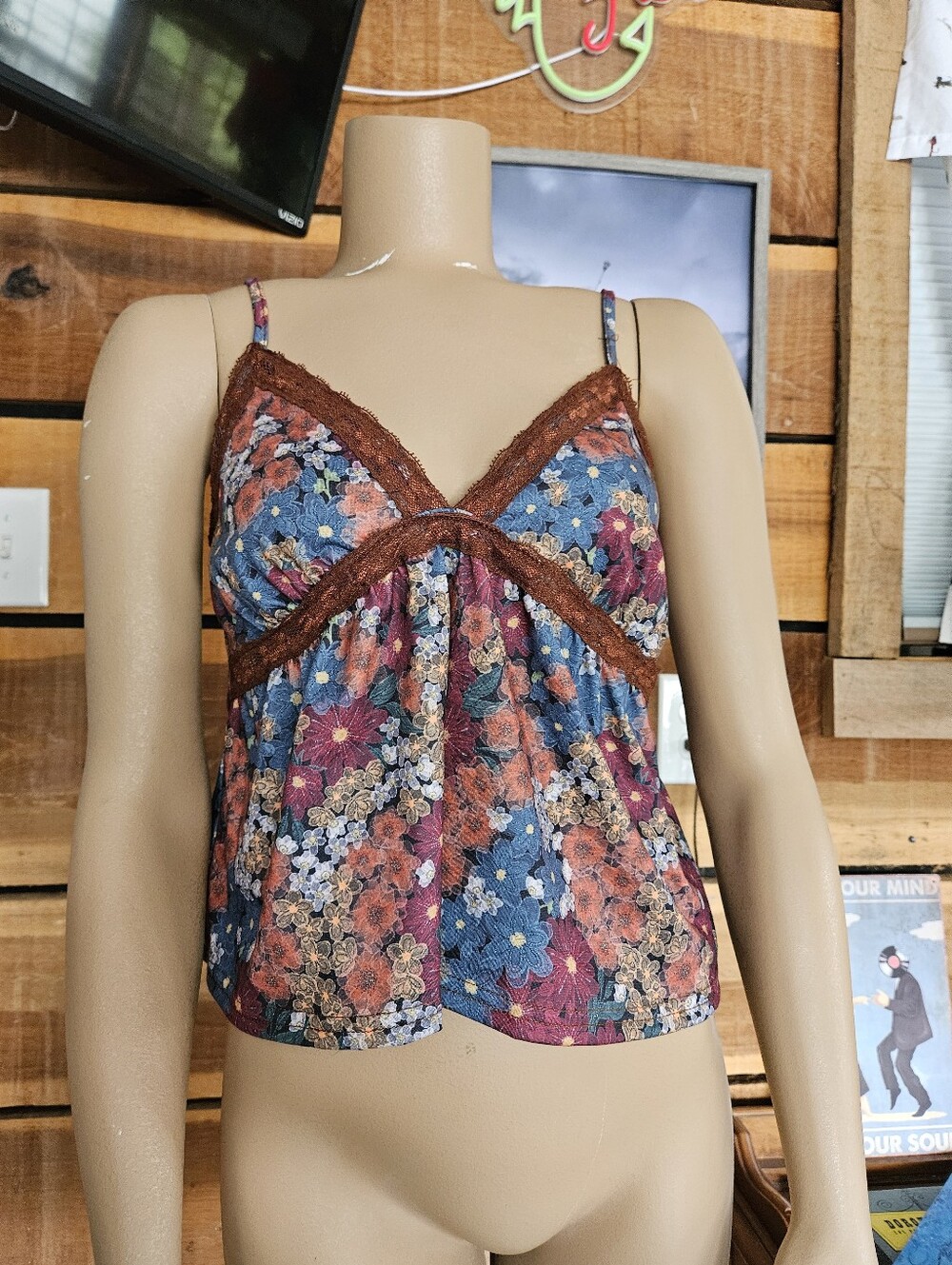 ROMWE Floral Lace-Trim Cami Crop Top Blue Burgundy M Fairycore Whimsical Garden